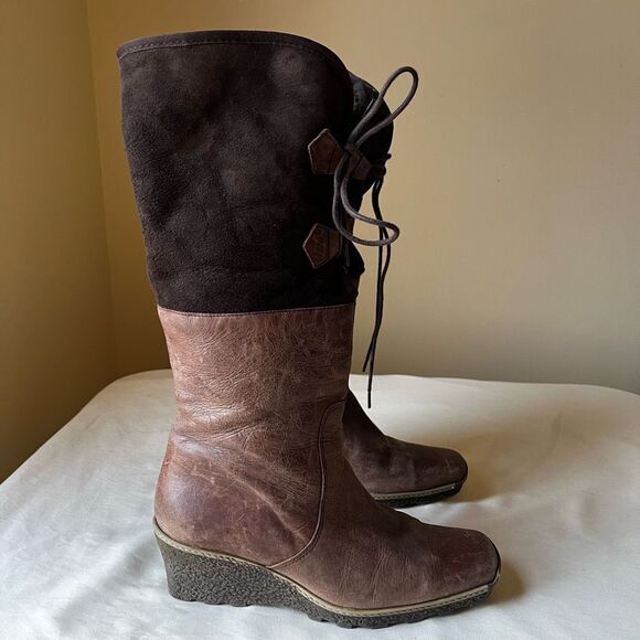 Eric Michael Two-Tone Leather Knee High Boots 39 Fur Lined Wedge Heel - Picture 3 of 10